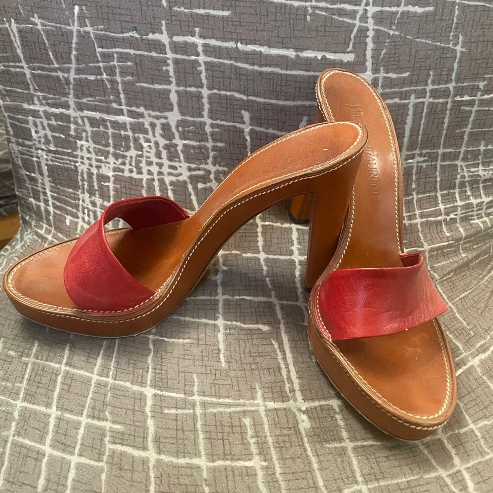 Yves Saint Laurent Red and Tan Leather Mules - Picture 3 of 8